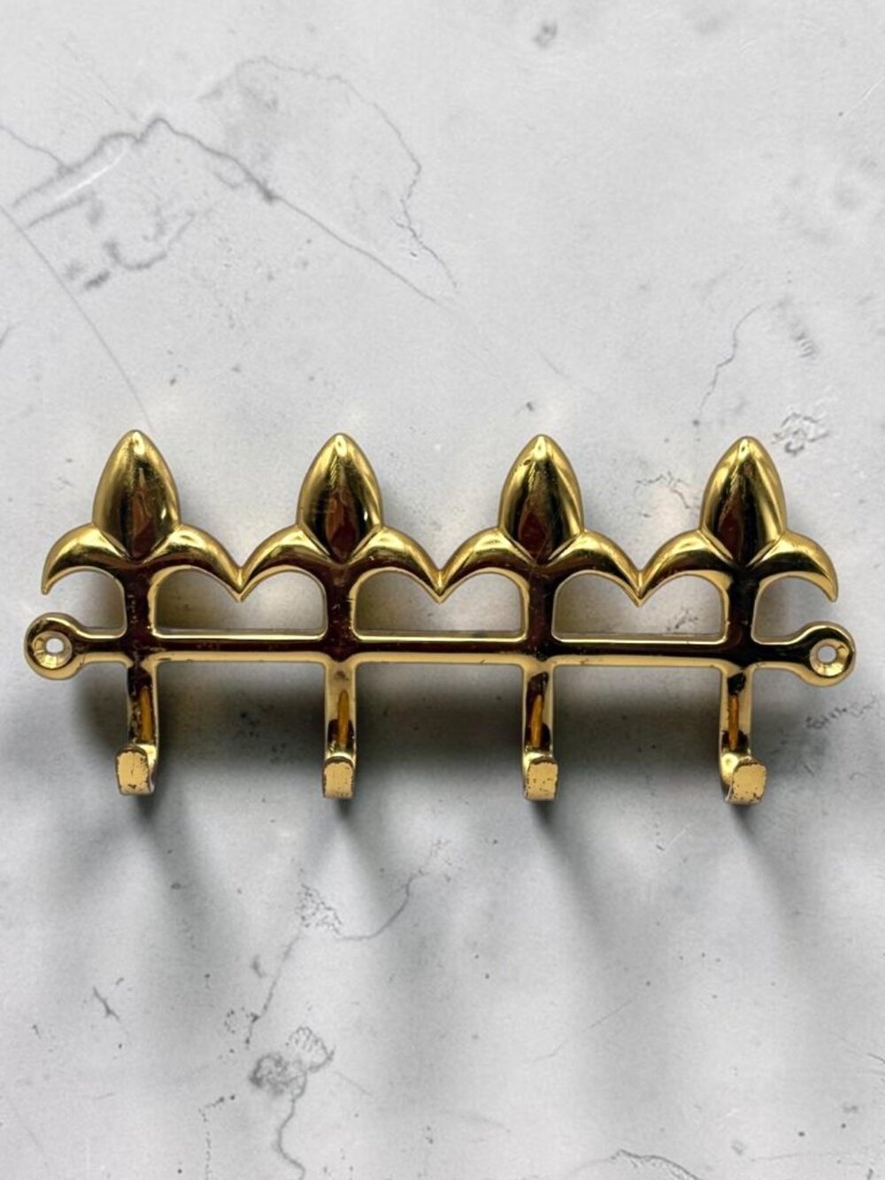 Vintage Solid Brass Fleur de Lis Wall Key Holder Rack 4 Hooks French Decor 7.5in